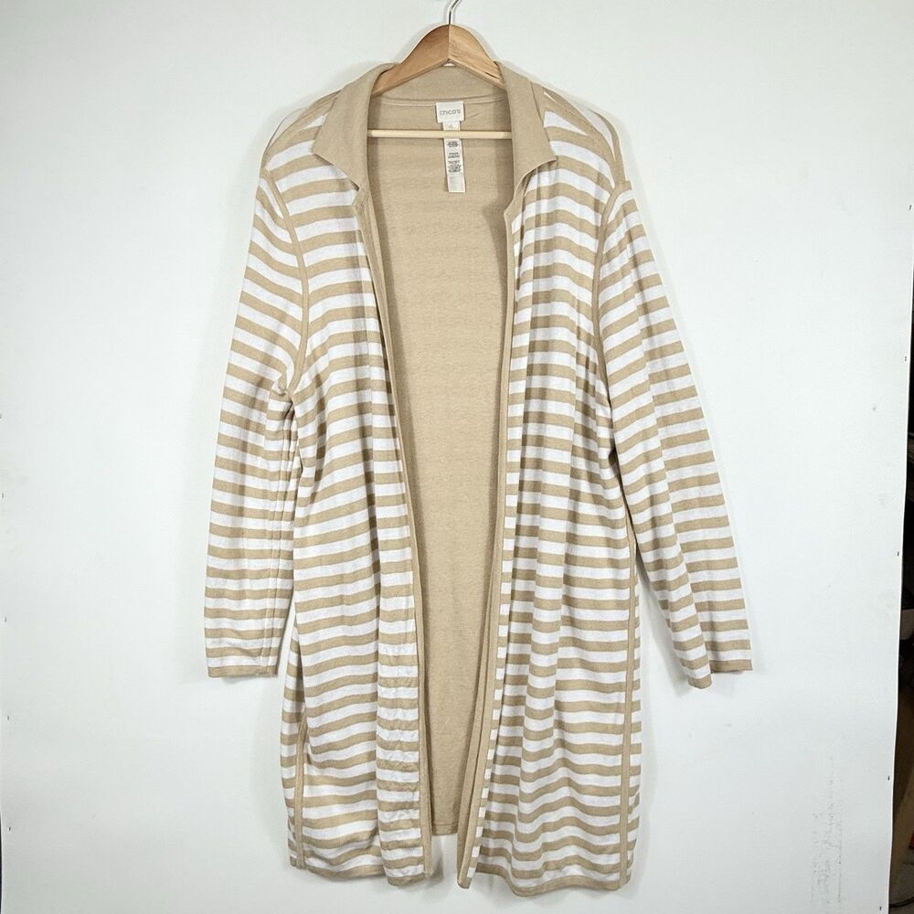Chico's‎ Cardigan Sweater Womens 4 XL Tan White Stripe Reversible Duster Coastal